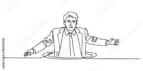 confused businessman emerges from the hole continuous one line drawing, Single continuous line drawing confused businessman emerges from the hole. Depressed and business failure concept. Metaphor. pro