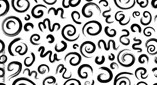 Abstract black and white seamless pattern with hand drawn brush strokes and swirls.