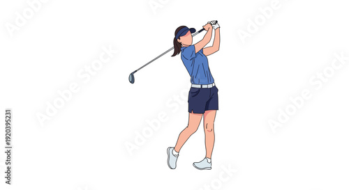 A stylized illustration depicts a female golfer in mid swing emphasizing form and motion silhouette high quality professional detailed modern elegant stylish
