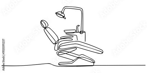 Continuous one line drawing Dentist chair. Dental health concept. Single line draw design vector graphic illustration, Line art of modern reclining dental chair with adjustable headrest. No editable 
