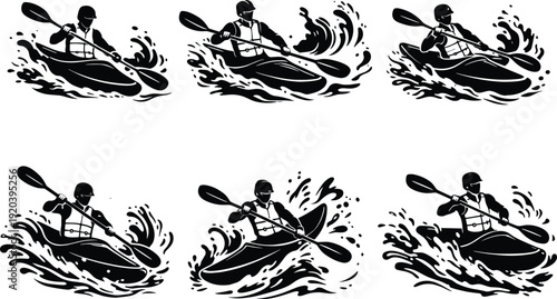 Set of black silhouette kayaker paddling through splashing water, dynamic canoe sport action illustration collection isolated on white background for adventure and outdoor design