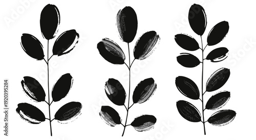 Abstract Black Brush Stroke Plant Stems with Leaves.
