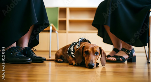 Dachshund wearing a patterned scarf sits between people s legs indoors