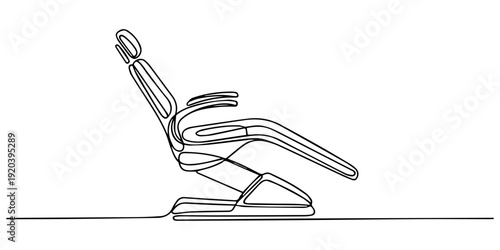 Continuous one line drawing Dentist chair. Dental health concept. Single line draw design vector graphic illustration, Line art of modern reclining dental chair with adjustable headrest. No editable 