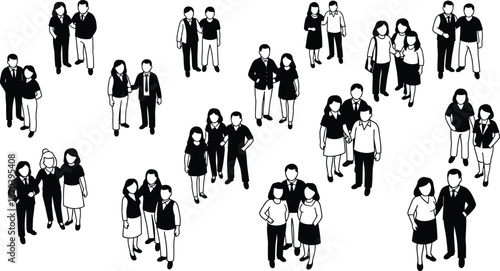 Crowd of business people couples and colleagues standing together, top view team formation concept isolated on white background vector illustration