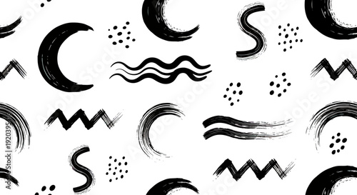 Abstract Black Brush Strokes and Shapes Seamless Pattern.