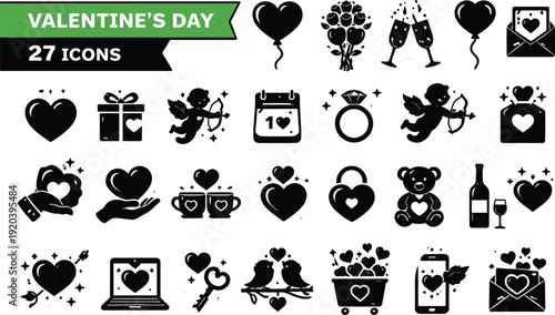 Valentines Day icon set with hearts, gifts, cupid, rings and romantic symbols collection isolated on white background for holiday design and decoration