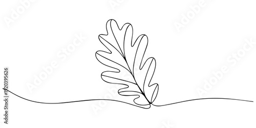 Abstract continuous line drawing of an oak leaf with stem, Minimalist continuous line drawing of a single oak leaf with a stem and a curved line representing the ground or a branch evoking nature pro.