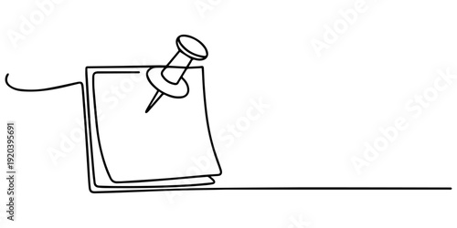 paper note with push pin isolated continuous one line drawing, continuous line drawing vector illustration with FULLY EDITABLE STROKE of paper note on push pin, Drawing pin. Continuous Line Drawing.