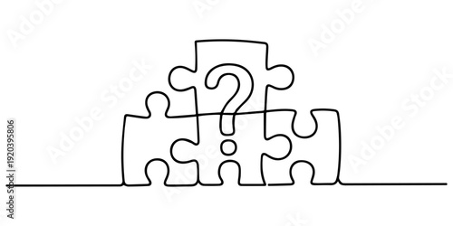 Question mark with puzzle piece continuous one line art for problem solving and support, Putting together puzzles. Question mark, puzzle, problem solving, creative thinking, teamwork, riddle, jigsaw 