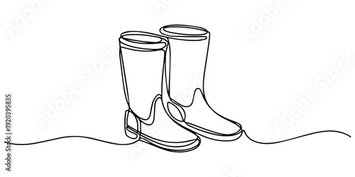 Vector continuous one single line drawing icon of pair of rain boots in silhouette on a white background. Linear stylized, Rain boots continuous one line drawing minimalism design, Editable stroke.