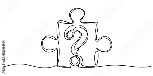 Question mark with puzzle piece continuous one line art for problem solving and support, Putting together puzzles. Question mark, puzzle, problem solving, creative thinking, teamwork, riddle, jigsaw 
