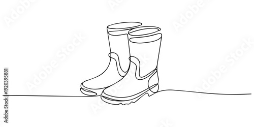 Vector continuous one single line drawing icon of pair of rain boots in silhouette on a white background. Linear stylized, Rain boots continuous one line drawing minimalism design, Editable stroke.