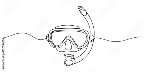 continuous line drawing of swimming goggles.one line drawing of swimming mask icon. Continuous line art drawing of snorkeling water mask with tube, continuous line drawing of swimming goggles.one line