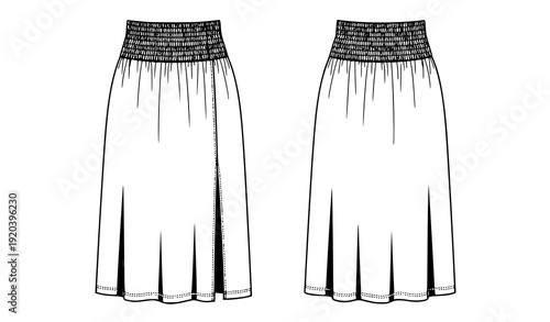 Long women skirt technical flat sketch front and back view