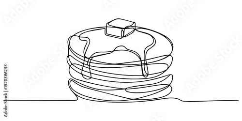 Single Line Drawing of Buttery Pancakes with Syrup Drizzle, Pancake stack continuous line drawing. Minimalist food concept isolated on white background, Single one line drawing pancakes. Breakfast.