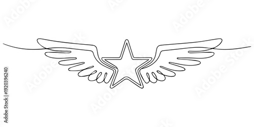 Star with Wings Aviation Badge continuous one line drawing, winged ancient pentagonal star emblem, the best. Heraldic design element decoration, premium symbol. Retro style label, heraldry logo. style