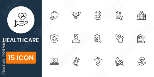 healthcare icons collection, medical hospital and wellness symbols, modern clinic pharmacy medicine vector UI icon pack