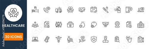 healthcare icon set, medical hospital clinic and pharmacy symbols, modern medicine vector icons, health service UI pack for apps