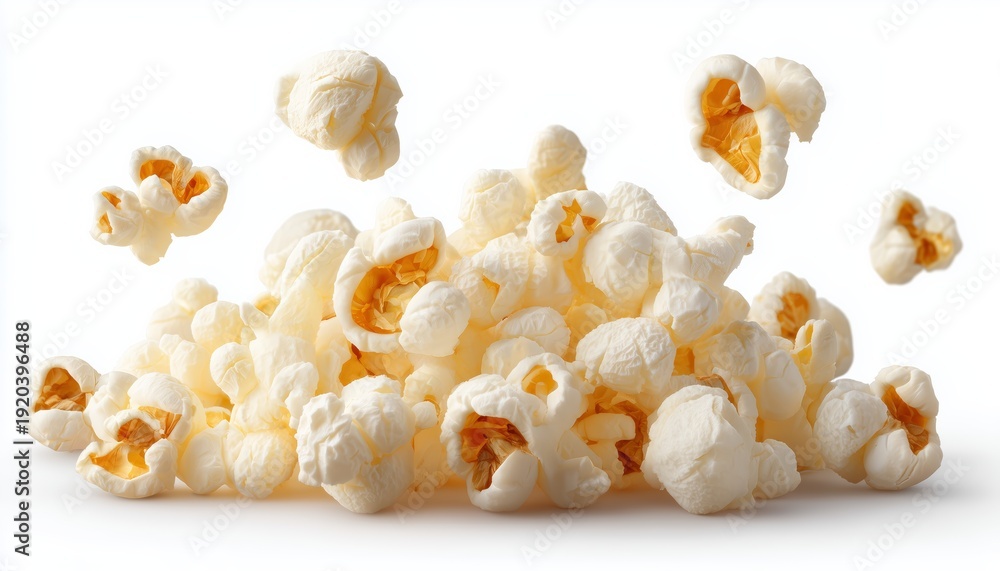 Obraz premium Realistic floating popcorn and kernels flying in the air isolated on a white background