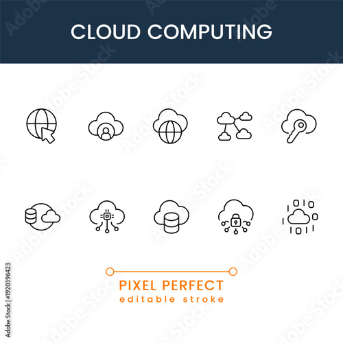 cloud computing icons collection, data server hosting and network security symbols, modern SaaS technology vector UI icon pack