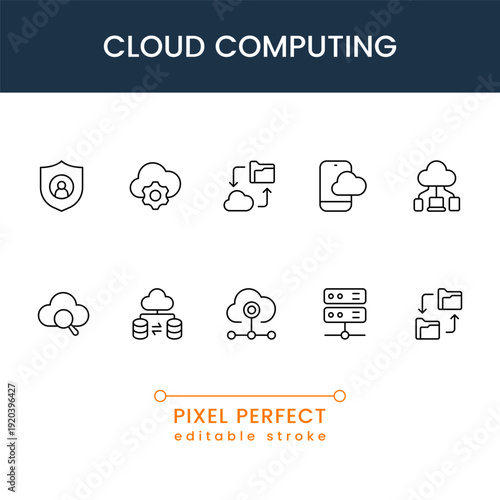 cloud computing icons collection, data server hosting and network security symbols, modern SaaS technology vector UI icon pack