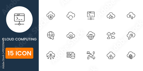 cloud computing and data storage icon set, server hosting network symbols, modern flat vector digital technology UI icons