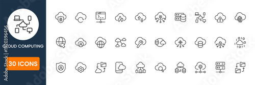 cloud computing icon set, data storage server and network symbols, modern technology hosting vector icons, digital cloud service UI pack