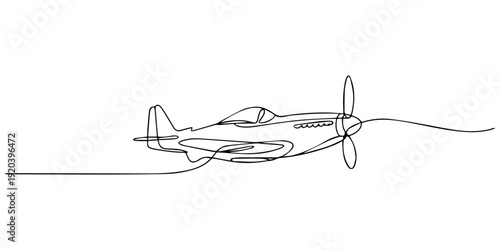 Vintage WWII Fighter Aircraft continuous one line drawing, A detailed sketch of a vintage military aircraft in flight, Classic world war ii era fighter airplane depicted as a simple black and white on