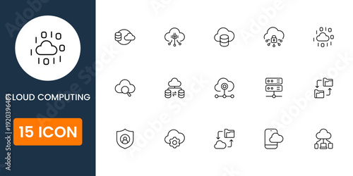 cloud computing and data storage icon set, server hosting network symbols, modern flat vector digital technology UI icons