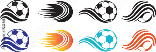 Soccer Ball Vector Set with Fire Flames and Speed Motion – Color and Silhouette Football Logo Design