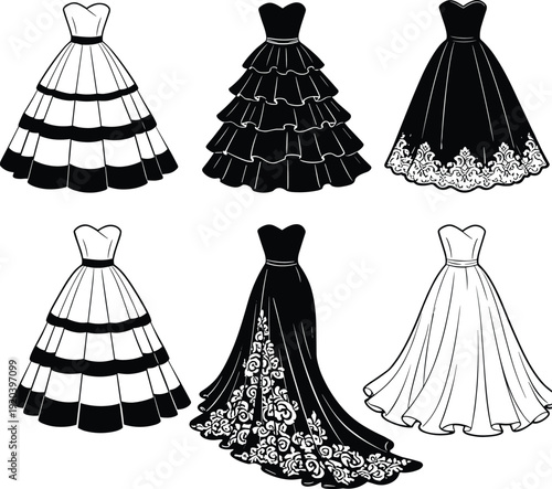 Elegant black and white wedding dress collection illustration featuring bridal gown silhouettes, lace details, ball gown styles, vector fashion design for print and digital use