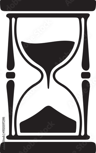 Simple black and white illustration of a classic hourglass with falling sand