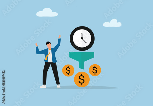 Time is Money Concept Illustration with Business Person Celebrating Beside Funnel Converting Clock into Dollar Coins