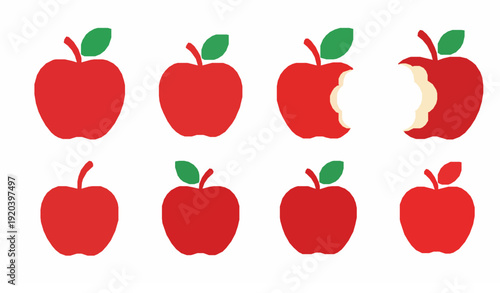 Flat red apple icon set with modern fruit symbol collection isolated on white background