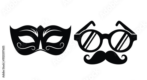 Two decorative masks and glasses with mustache a black silhouette