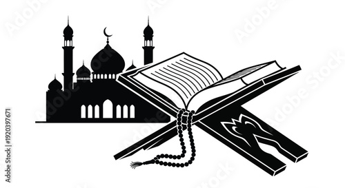 Islamic scene with a mosque quran and prayer beads silhouette