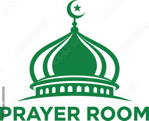 Green Mosque Dome Silhouette for Prayer Room Signage, Islamic Masjid Symbol with Crescent Moon for Worship Area Wayfinding Label