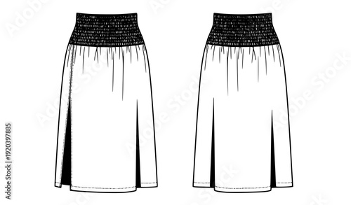 Technical vector drawing of midi skirt with gathered waist