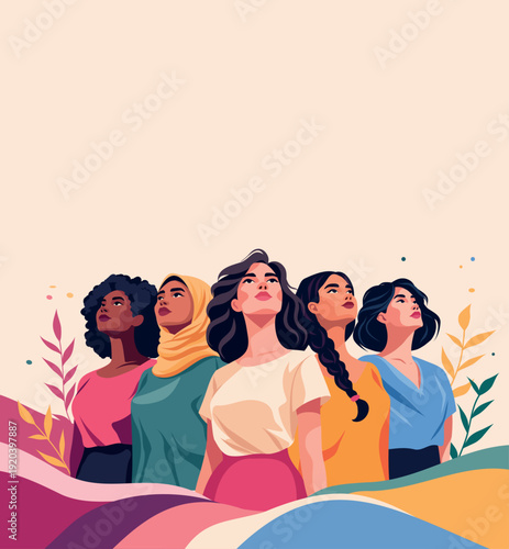  International Women's Day. March 8th. Vector banner women of different nationalities, skin colors stand together, looking up. Feminism, freedom. Movement for gender equality, women's empowerment