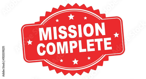 A vibrant red badge proclaims mission complete with stars a bold design and a striking silhouette high quality professional detailed modern