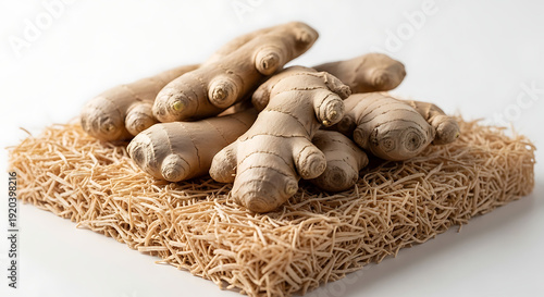 Fresh ginger roots on a bed of straw natural and organic for cooking and health benefits on a white background