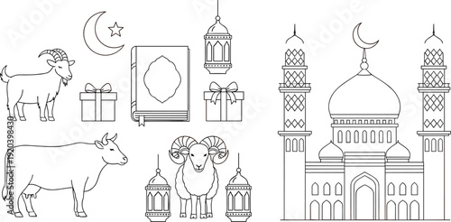 Line Art Islamic Eid al-Adha and Qurban Celebration Vector Set, Detailed Mosque with Sacrifice Animals Goat Cow and Sheep for Hajj Season