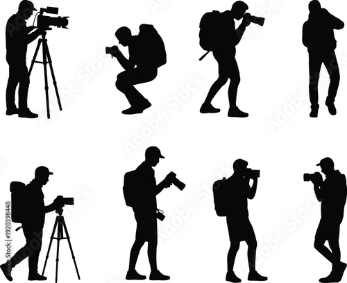 Large collection of black silhouettes featuring male photographers and videographers with cameras tripods and backpacks in various professional shooting poses on white background