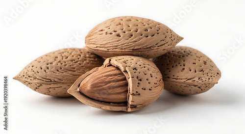 Pile of almonds in shells on white background one cracked open showing texture