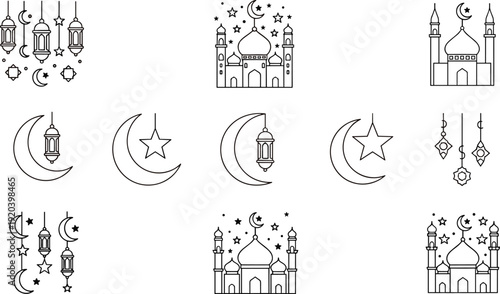 Line Art Islamic Doodle Element Collection, Ramadan Kareem and Eid Mubarak Decorative Vector with Mosque, Lantern, and Prayer Rug