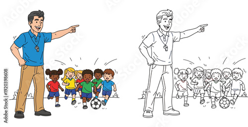 Youth Soccer Coach Directing Diverse Group of Kids Playing Football - Children's Sports Illustration