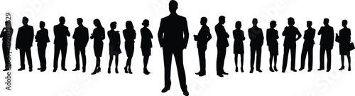 Large collection of black silhouettes featuring a central business leader standing before a diverse corporate team of men and women isolated on white background