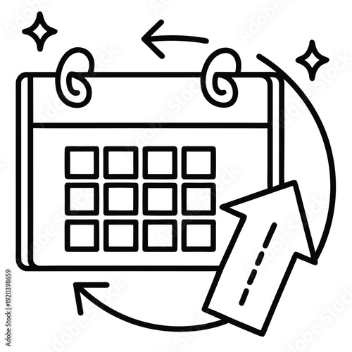 calendar icon with arrows and stars on white background