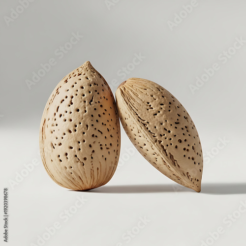 Two halves of a walnut shell on a plain background showcasing texture and natural pattern